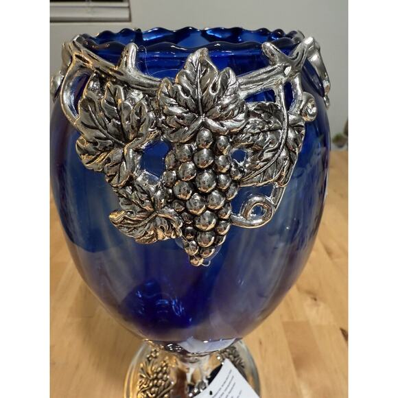 Cobalt Blue Glass Goblet Vase 11” Grapes Silver Plate NIB - Picture 2 of 5
